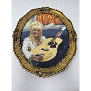 DOLLY PARTON Signing Guitar Photo Custom Mat Gold Frame Candid Original Oval